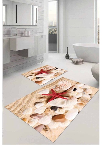 Bej Deniz Kabuklu Banyo Halısı Klozet 2'li Paspas Seti Bs028n11