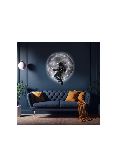 Kişiselleştirilebilir Led Işıklı Epoksi Cam Katmanlı Tablo Astronot Dolunay Gri - 738250971 Gri
