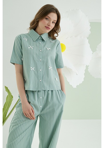 Nbb Kadın Yeşil Kurdele Önden Düğmeli Pijama Takım YESIL