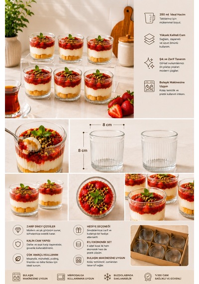 6'lı Çizgili Cam Tatlı Sunum Kasesi 350 Ml - Magnolia Cheesecake Kahvaltılık Çerezlik Servis Seti Şeffaf