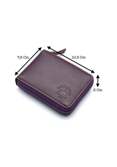 Westpolo Hakiki Deri Unisex Fermuarlı Cüzdan Kartlık - Mürdüm Mürdüm