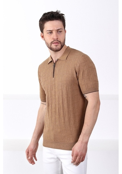 Ferraro Camel Polo Yaka Fermuarlı Erkek Pamuk Triko T-Shirt-Kahverengi (417942102) Kahverengi