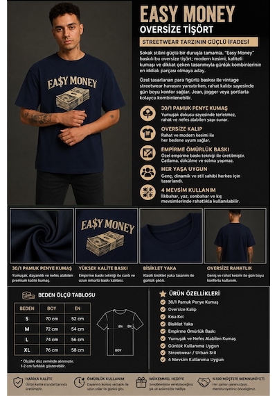 Technomonkey Easy Money Baskılı Unisex Lacivert Retro Tişört