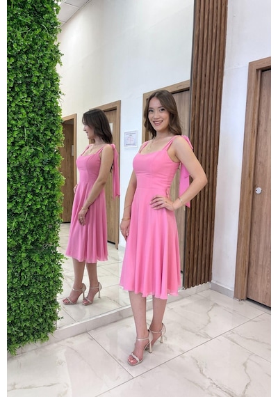 By Saygı Kadın Omuzu Bağcıklı Astarlı Kısa Elbise-41320 Şeker Pembe