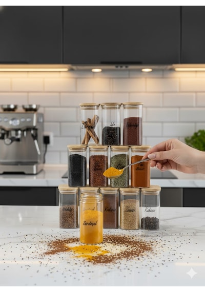 Etiketli 12'li Ahşap Kapaklı Mika Baharat Seti - Sızdırmaz Lüks Akrlilik Baharatlık 300 Ml Ahşap - Şeffaf