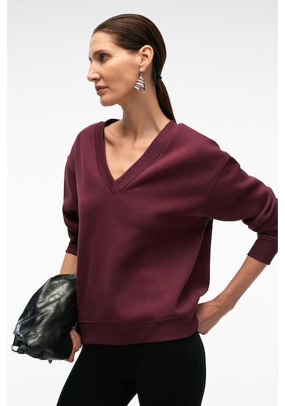 Grimelange ARINEL Kadın V Yaka Regular Fit Bordo Sweatshirt