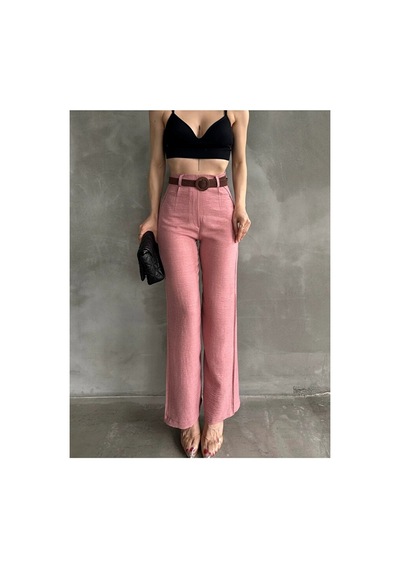Nido Moda Beli Kemerli Keten Pantolon Pembe