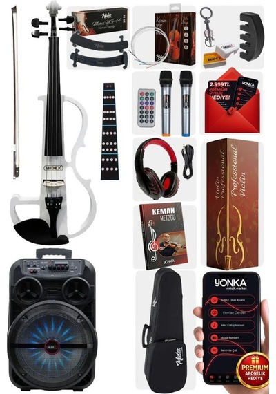 Midex RCZ-606W PAK Elektro Keman + Şarjlı Mikrofonlu Taşınabilir Amfi Full Set Beyaz