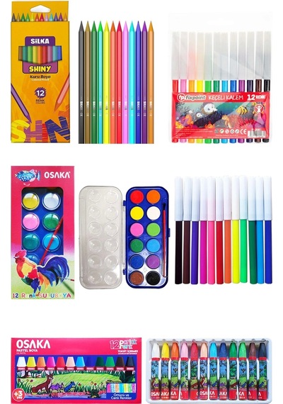 Osaka Sulu Boya 12'li Pastel Boya 12'li Silka Kuru Boya 12'li Fixpoint Keçeli Kalem 12'li Okul Seti