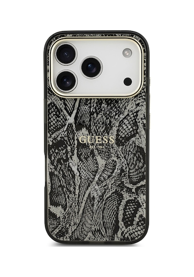 Apple Uyumlu iPhone 17 Pro Kılıf Guess Lisanslı M-safe Özellikli Yazı Logolu Python Desenli Kapak Siyah Siyah