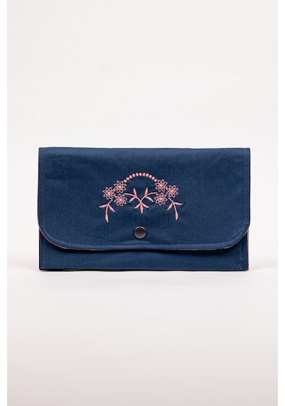 Fabric Craft Bag Kadın Cüzdan Nakışlı Kumaş Çıtçıtlı İki Bölmeli 22x13 Cm Lacivert Çiçekli