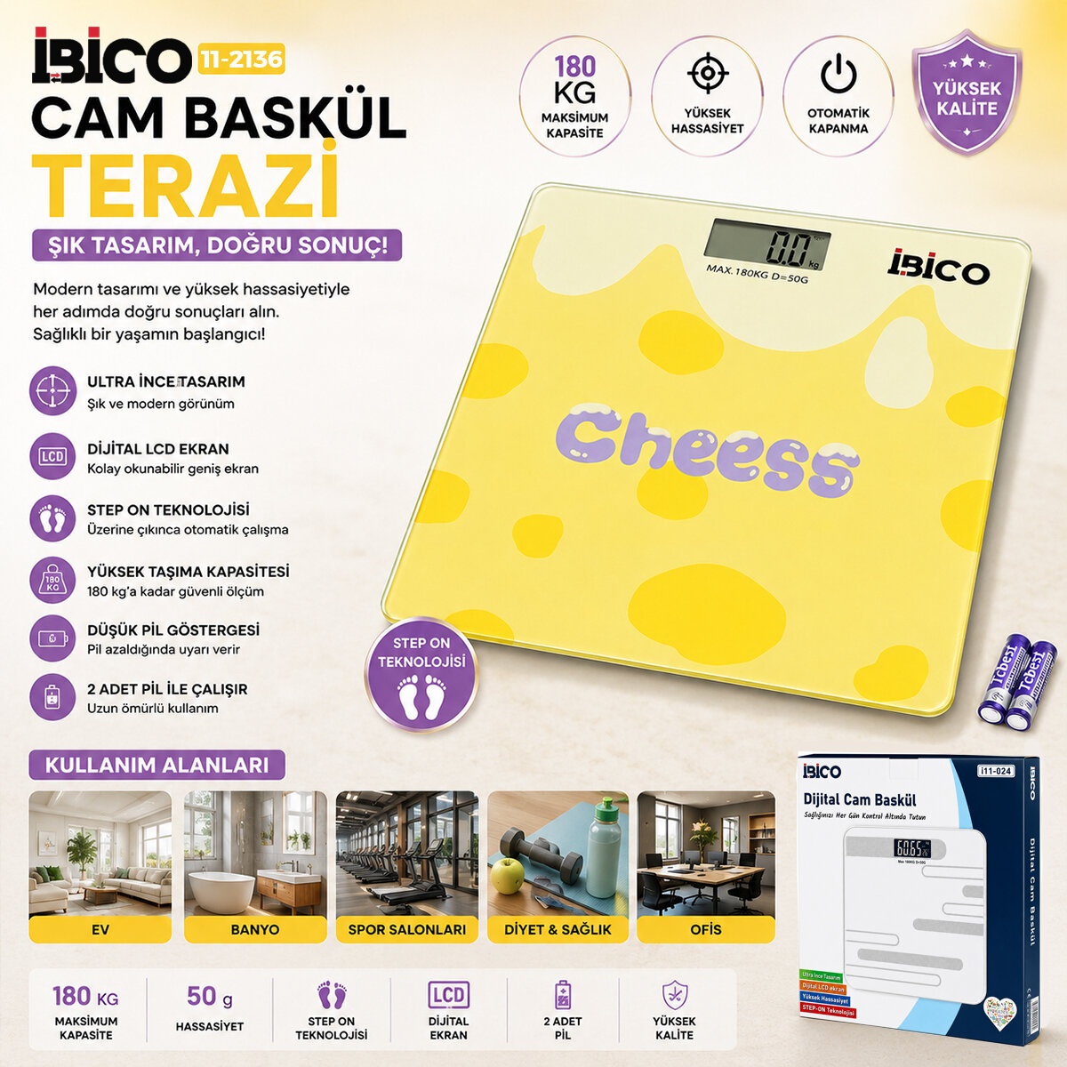 Go İthalat 0221a Dijital - Pilli Desenli Renkli Cam Banyo Baskül Terazi Tartı Lcd Ekran 180kg/50gr 2 Açık Sarı