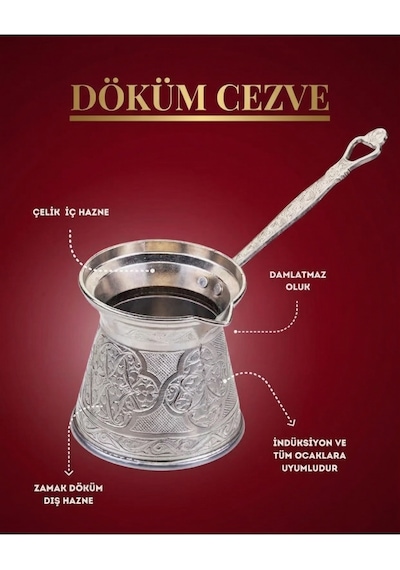 3 No Nikel Desenli İçi Paslanmaz Çelik Döküm Cezve İndüksiyonlu Ocaklara Uygun - Metalik