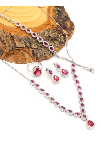 Yakut Taşlı Damla Model 925 Ayar Gümüş Kadın Dörtlü Set 201025664