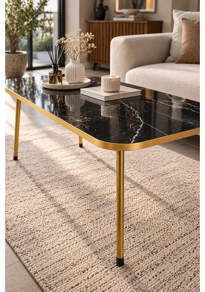 Sulorahome Gold Ayaklı Mermer Desenli Siyah Orta Sehpa 90x50 Cm Altın - Siyah