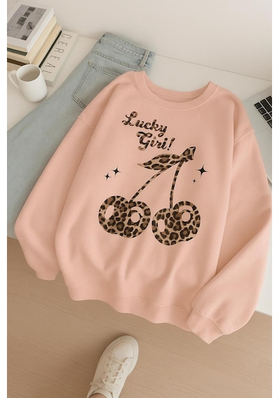 Benroma 3 İplik Penye Lucky Girl Baskılı Unisex Sweatshırt Pembe