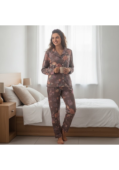 Bonbon Kadın Giyim Önden Düğmeli Baskılı Pijama Takımı Bb2671 Çok Renkli
