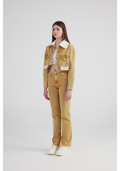 Holly Lolly Mermer Desenli Kırçıl Detaylı Straight Kesim Paça Yırtmaçlı Rusted Jean Pantolon Camel