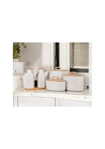 6 Parça Bambu Standlı 2 Li 1000 Ml Yağdanlık Ve 3 Lü Porselen Çay Şeker Tuz Kahve Kavanoz Seti Beyaz 692622131 Beyaz