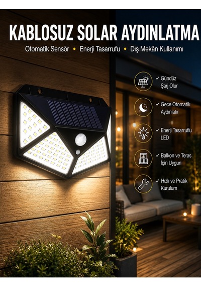 Güneş Enerjili Bahçe Aydınlatma Lambası Solar 100 Led Lamba - 4997 Beyaz