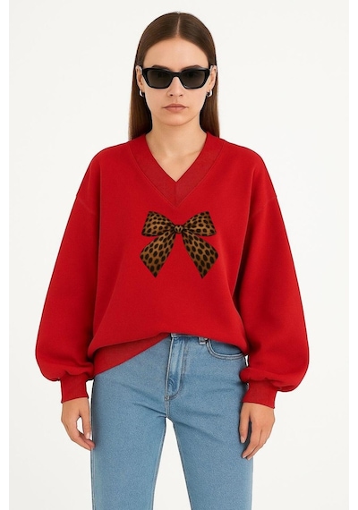 Benroma Kurdela Baskılı Ünisex V Yaka Sweatshirt Kırmızı