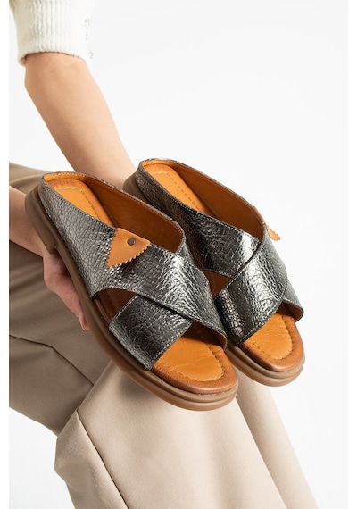 Dabab Shoes Narel Kadın Antrasit Hakiki Deri Düz Taban Çapraz Bant Terlik Sandalet Metalik