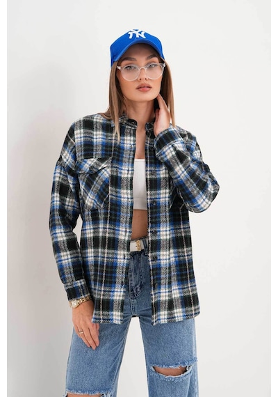Polologin Butik Kadın Oduncu Çift Cepli Mavi Siyah Spor Kesim Gömlek Lacivert