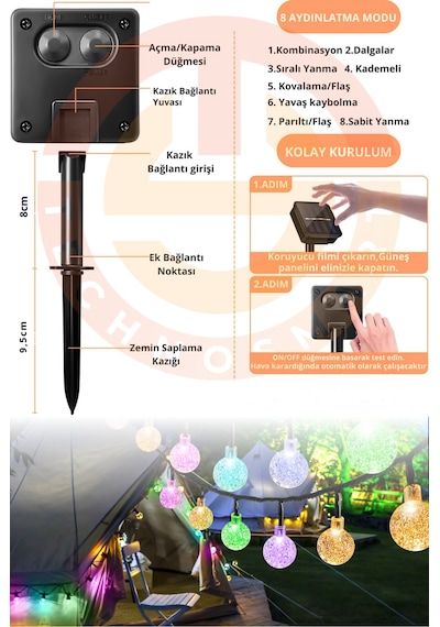 Technosmart 100 Ledli 8 Modlu Solar Kristal Top Rgb Işık Bahçe Aydınlatma Dekorasyon Güneş Enerji