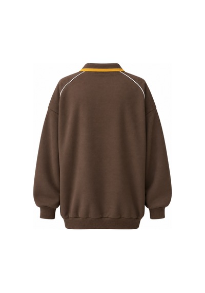 Mixray 2248 Kadın Kolej Stil Polo Yaka Oversize Sweatshirt Kahve