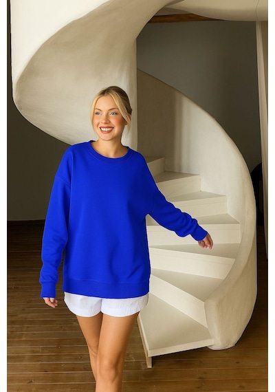Benroma 3 İplik Penye Baskılı Unisex Sweatshırt Saks Mavisi