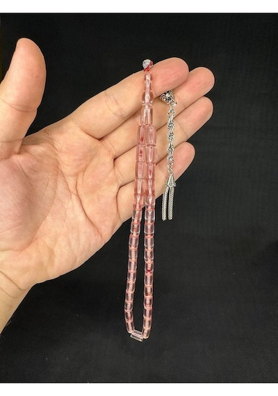 Ateş Kehribar Tesbih Açık Pembe Renkli Kesme Kesim 10,5mmx6mm T-658