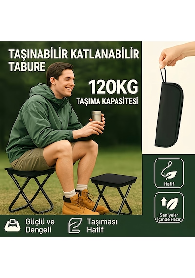 Taşıma Çantalı Portatif Katlanabilir Kamp Ve Balıkçı Taburesi - Pratik Mini Sandalye Siyah