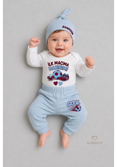 Babyden's Bebek 3'lü Takım Bordo Mavi Taraftar Temalı Kısa Kol %100 Pamuk Yenidoğan Body Pantolon Şapka Seti İlk Maçıma Hazırım 0-9 Ay