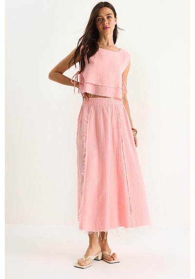Shade Kadın Beli Lastikli Etek Yandan Bağlama Detaylı Crop Müslin Alt-üst Takım 60283236 - Şeker Pembe