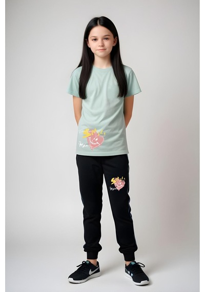 Panios Kids Smile Baskılı Kız Çocuk Tişört Ve Eşofman Alt-üst Takım Mint Yeşili