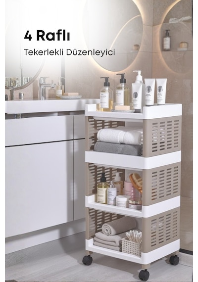Grimorlife 4 Raflı Banyo Düzenleyici Mutfak Rafı Banyo Dolabı Çok Amaçlı Plastik Mutfak Düzenleyici Bej Beyaz