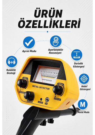 Profesyonel Metal Ve Define Dedektörü 5 Khz Ayarlanabilir Hassasiyet, Metal Ayrım Modu, Derinlik Göstergesi Ve Kulaklık Girişli