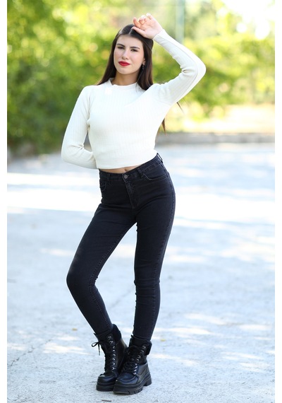 Giysa Kadın Bej Fitilli Crop Triko Kazak Kısa Model Akrilik Kumaş Ribanalı - 3122 Bej
