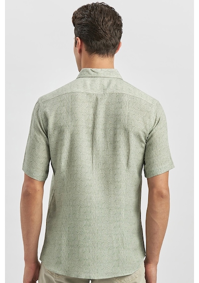 İmza Koyu Yeşil Kısa Kollu Düğmeli Yaka Biyeli Keten Casual Slim Fit Dar Kesim Gömlek 1004240242 Koyu Yeşil