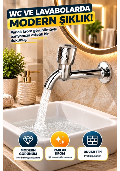 Desenli Krom Uzun Musluk Aç Kapa Başlıklı Bahçe Wc Lavabo Balkon Teras Duvar Tipi Su Musluğu