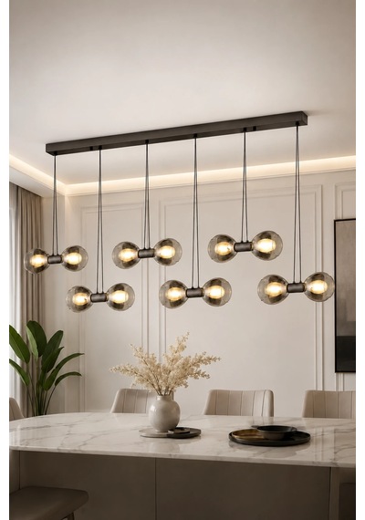 Eskitme Premium Led Füme Cam Sarkıt Avize Yemek Masası Salon Avizesi 12x20w