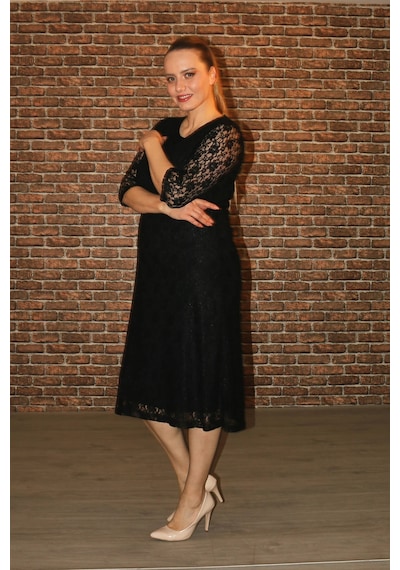 Nidya Moda Büyük Bedenyarım Kol Dantel Elbise-4009Ds Siyah