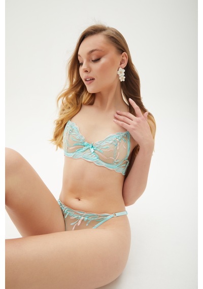 Arinda Dream Wave Soyut Desenli İşlemeli Balenli Kapsız Bralette Sütyen Tanga Alt Üst İç Çamaşırı Takımı 2 Parça Su Yeşili