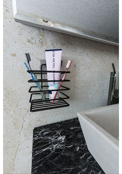 Eva Metal Tasarim Yapışkanlı Metal Diş Fırçalık Siyah