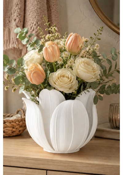 3d Baskı Lotus Yapraklı Vazo - Dekoratif Çiçeklik-beyaz Diğer