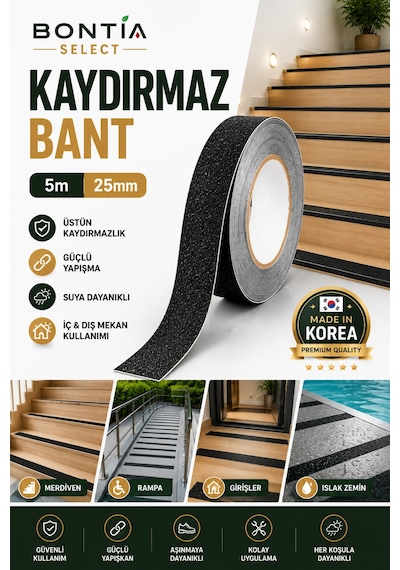 Kaydırmaz Bant 5 Metre X 25 Mm Siyah Merdiven Kaydırmaz Şerit Güçlü Yapışkanlı İç Dış Mekan
