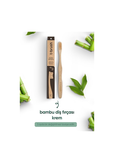 Tbrush Kremrengi Beyaz Bambu Diş Fırçası - Medium Paslanmaz Çelik Dil Temizleyici Diş Fırçası Kabı