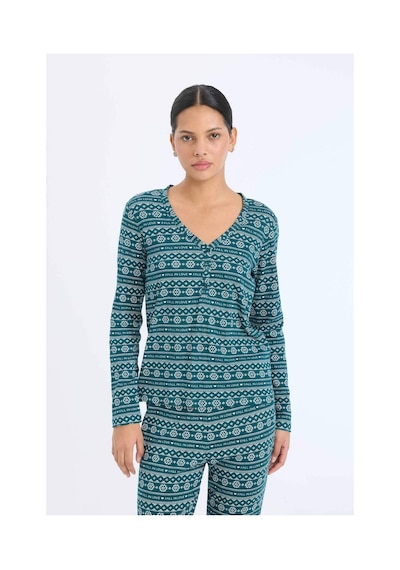 DeFacto Fall in Love Pijama Takımı Waffle Kumaş Uzun Kollu Üst Esnek Belli Uzun Alt D2284AX24WNGN1040 Yeşil