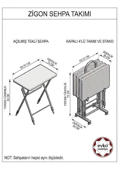 Evko Mobilya Çanta Zigon Sehpa, 4'lü Sehpa, Zigon Sehpa, Servis Sehpası, Mdf Mebran Sehpa, Katlanır Sehpa Traverten