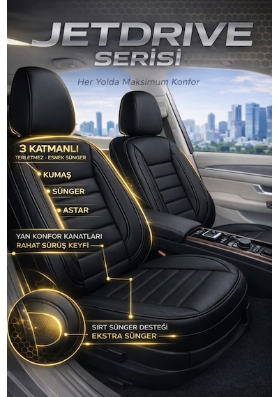 Ford Kuga 2017-2019 2+1 Uyumlu Deri Koltuk Kılıfı Jetdrive Serisi Siyah
